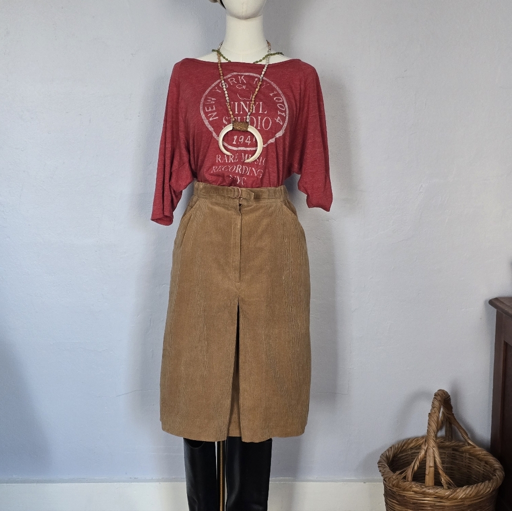 VINTAGE 70s Tan Corduroy A Line Pleat Front Skirt with Pockets